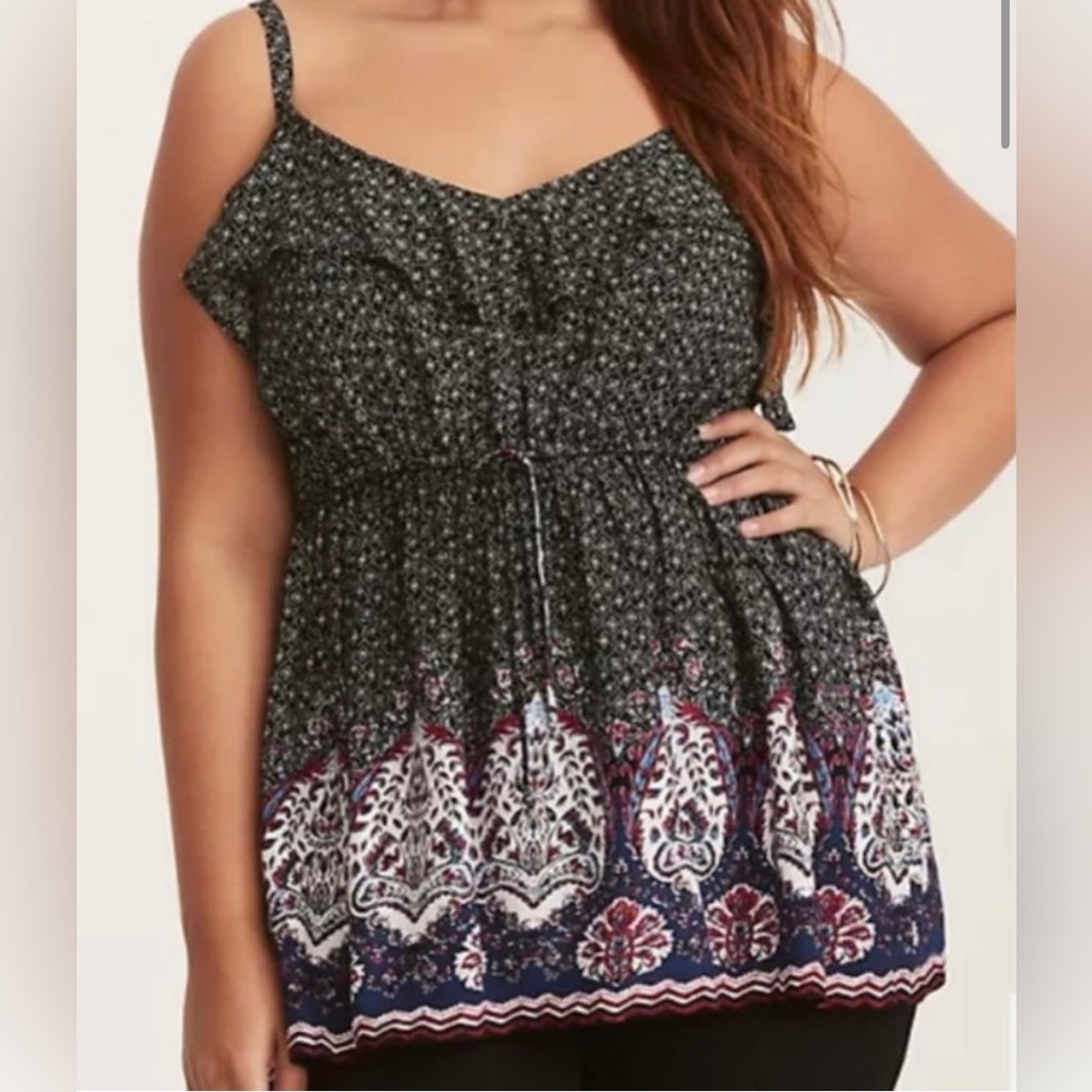 Torrid challis tank top, ruffled top, adjustable tie waist